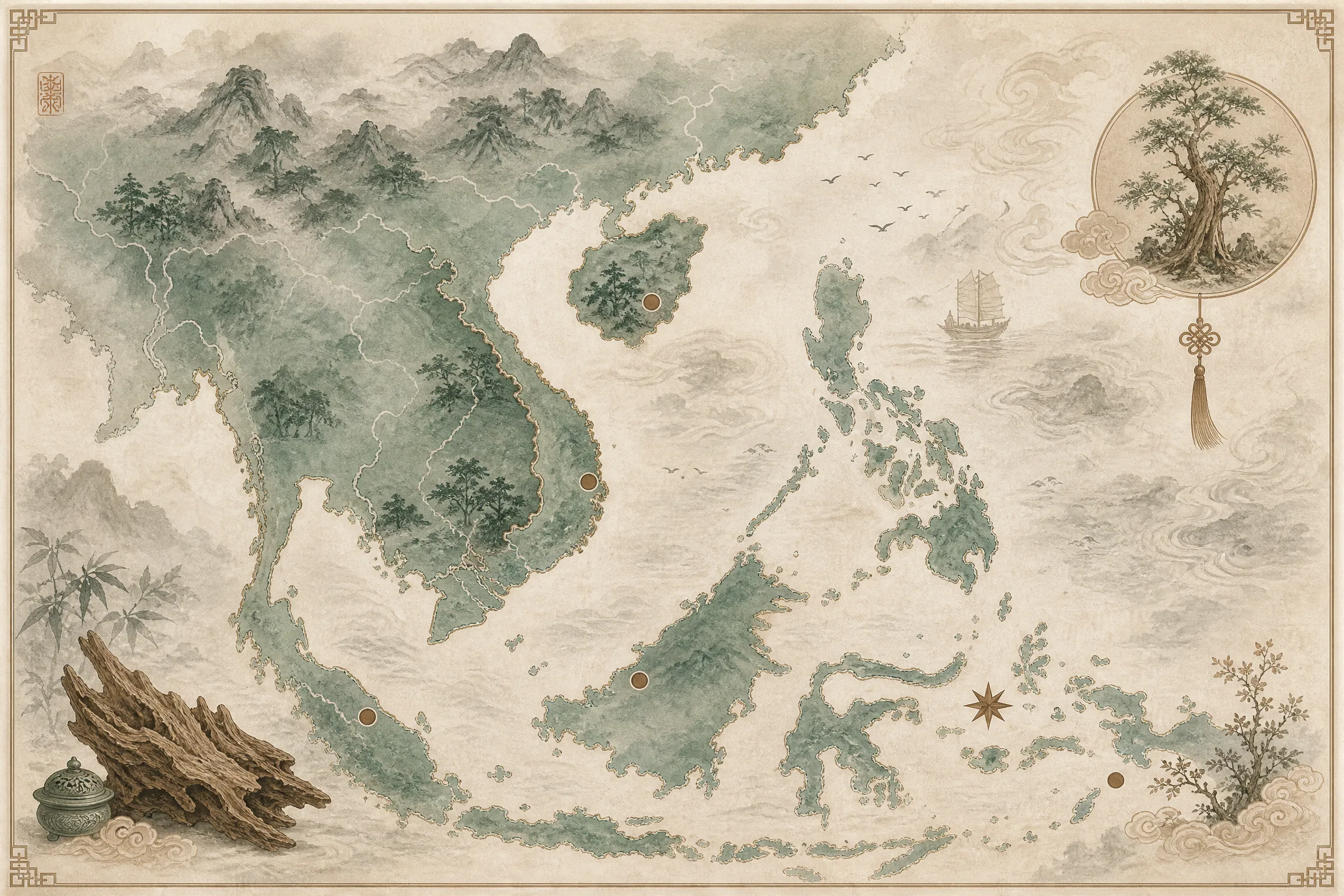 水墨风格的亚洲沉‍香产区‌地图，标注海南、芽庄​、惠安、星洲等结香产地