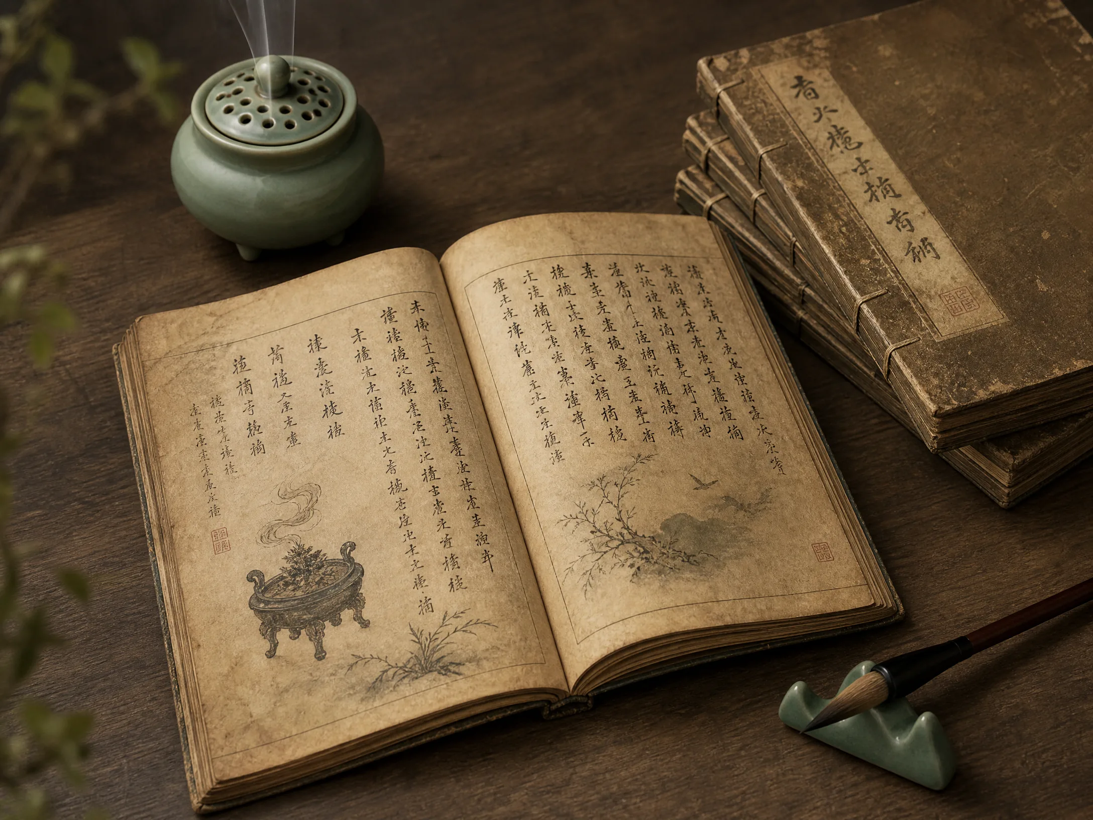 历代香谱古籍，线装书页上竖排‍手写香方文字