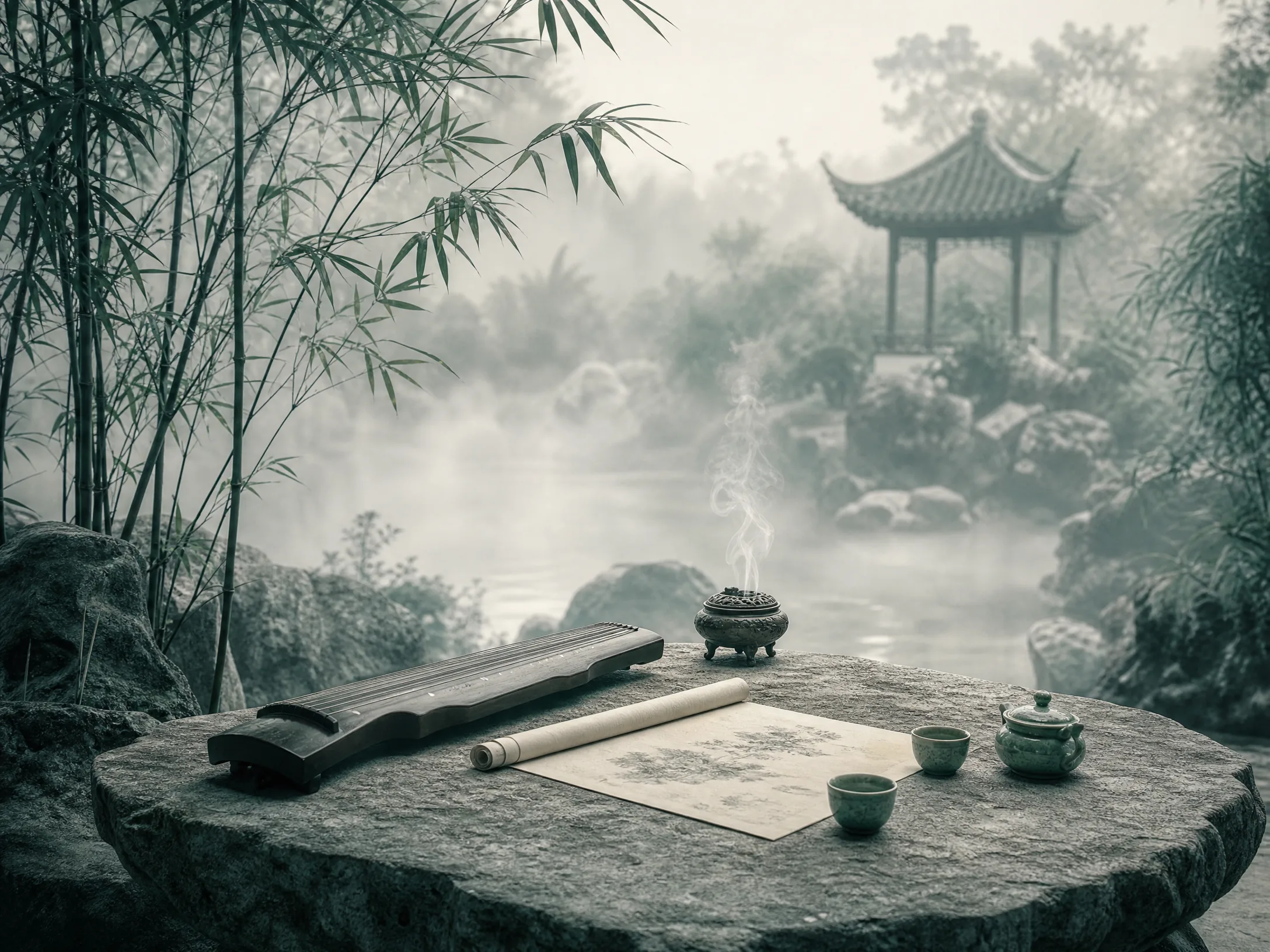 庭院雅集，石桌上陈设香炉、古琴与茶盏，四周竹影﻿薄雾